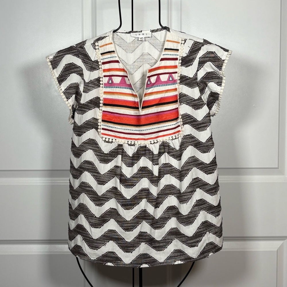 THML Black and White Zigzag Top with Colorful Embroidery